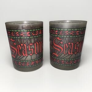 2 VINTAGE Christmas 70s Houze “Seasons Greetings” Faux Stained Glass Look